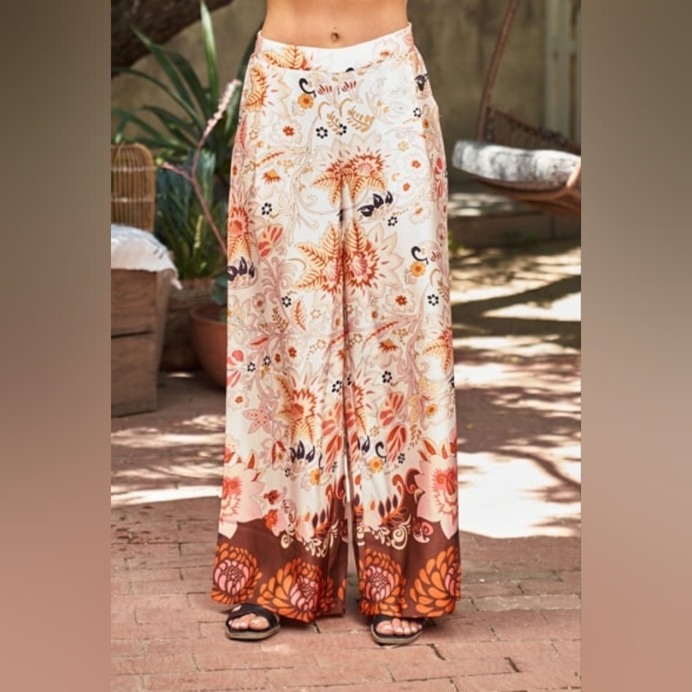 Boho Floral Wide-Leg Pants in Cream and Rust - NWT